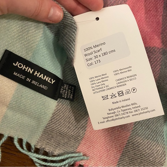 John Hanly & Co Blue Pink Plaid Scarf Irish Merino Wool - Picture 3 of 4